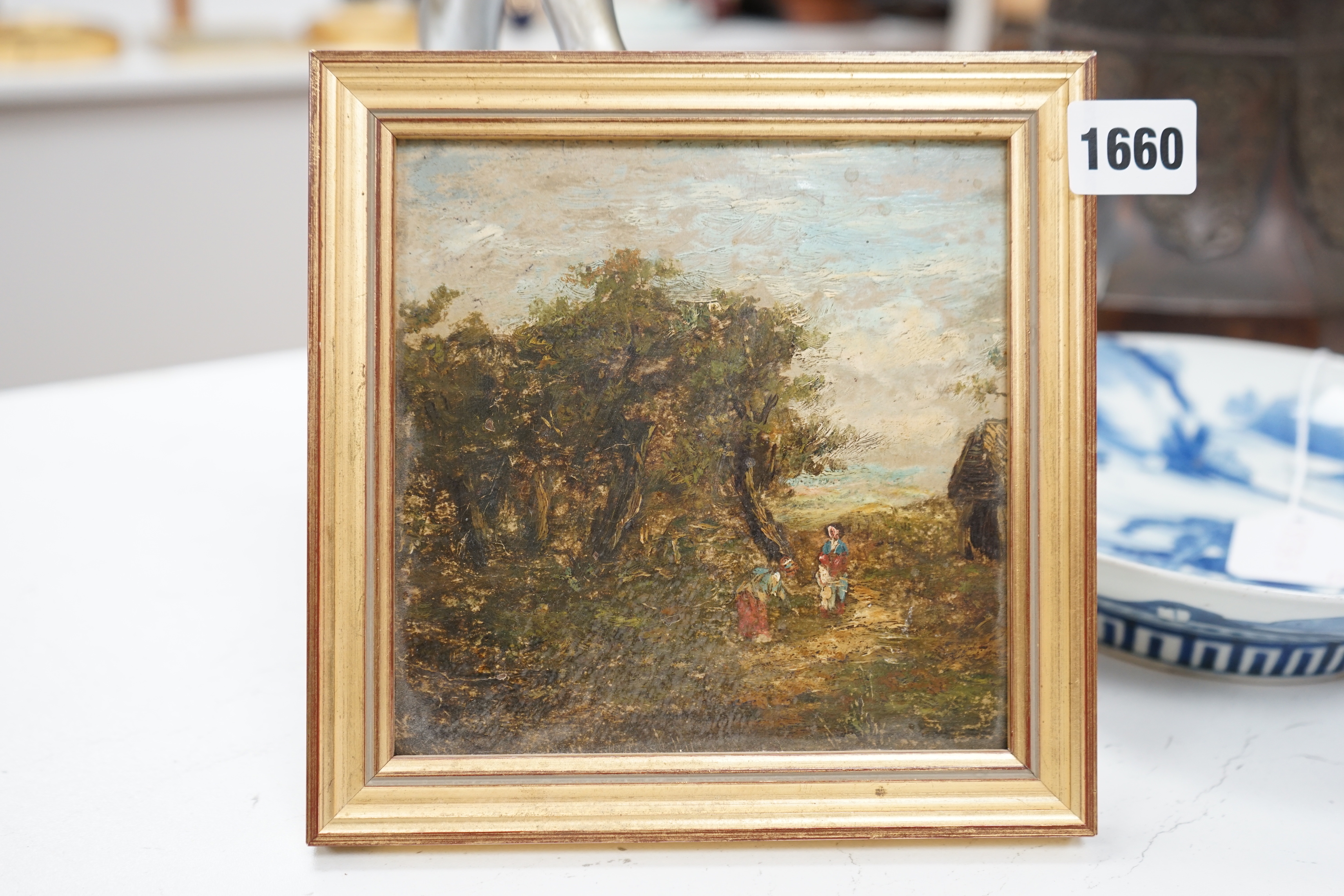 After John Constable RA (1776-1837) small oil on board, pastoral landscape with figures, 14.5 x 14.5cm
